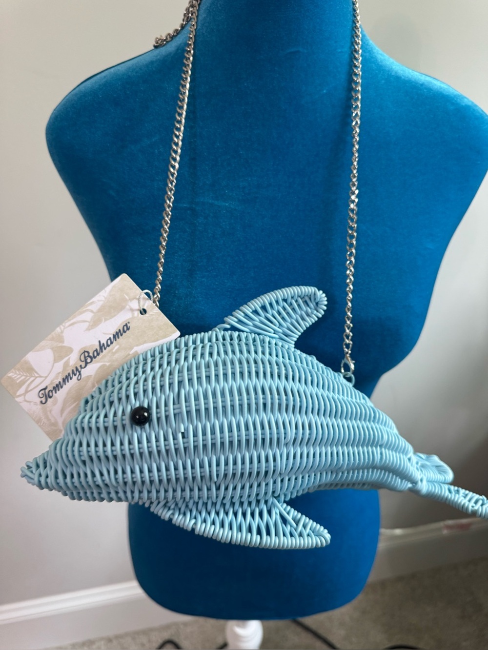 Tommy Bahama Light Blue Wicker Dolphin Crossbody Bag with Silver Chain